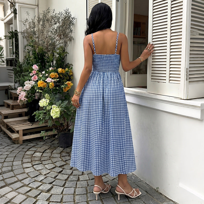 Gingham Midi Dress Cottagecore Bow Spaghetti Strap