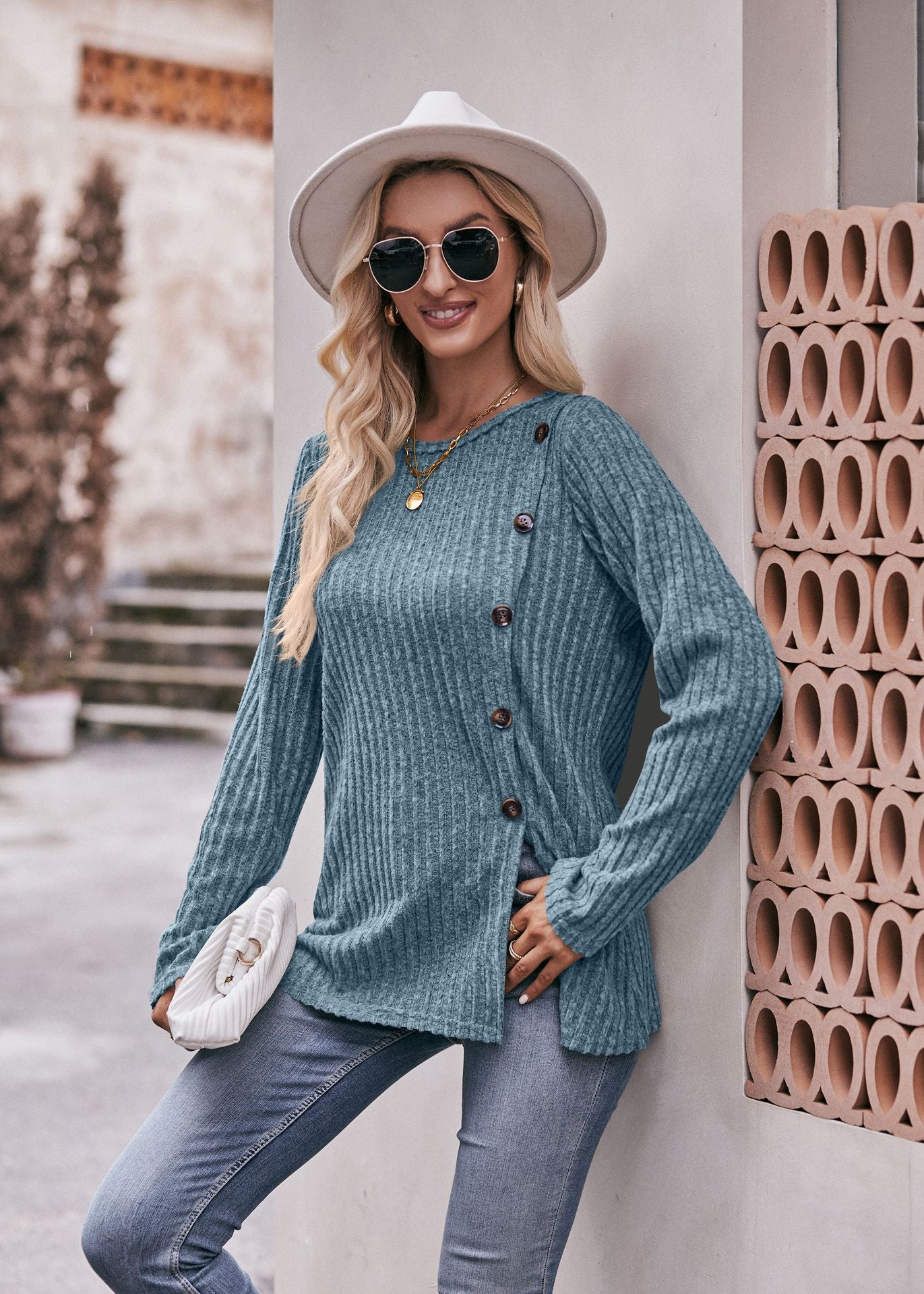 Women's Solid Color Crew Neck Slit Button