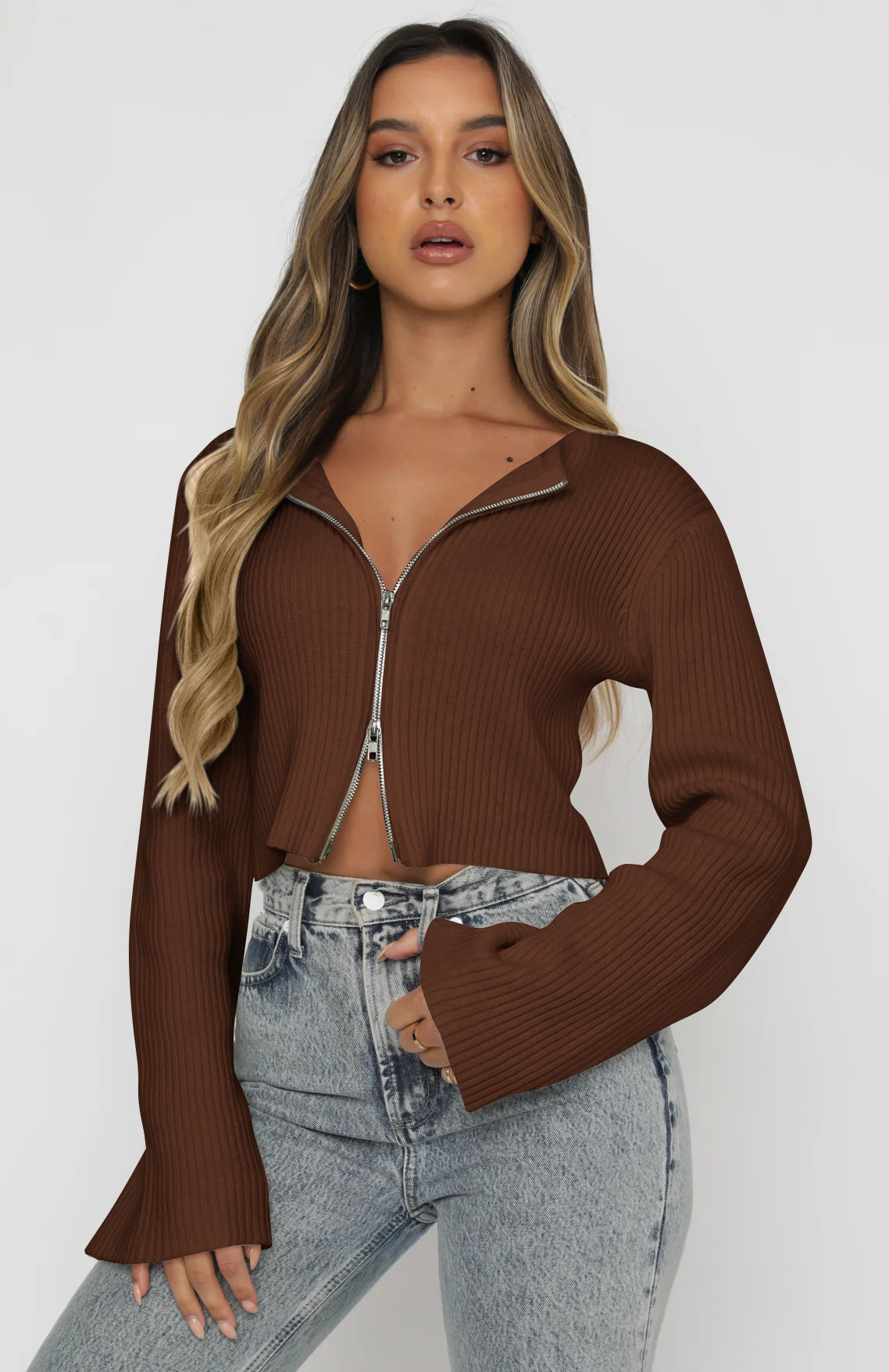 Trendy Zip-Up Cropped Knit Sweater for Women