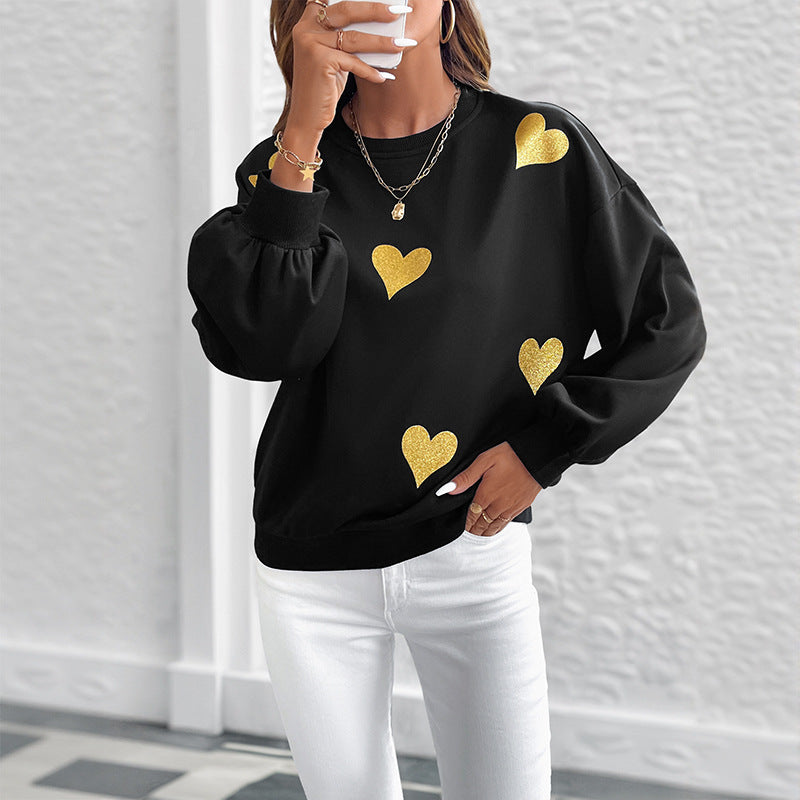 Black Gold Heart Print Long Sleeve Casual Sweatshirt