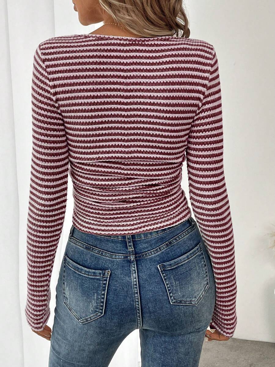 Striped Cotton Knit Top Trendy Fitted Square Neck