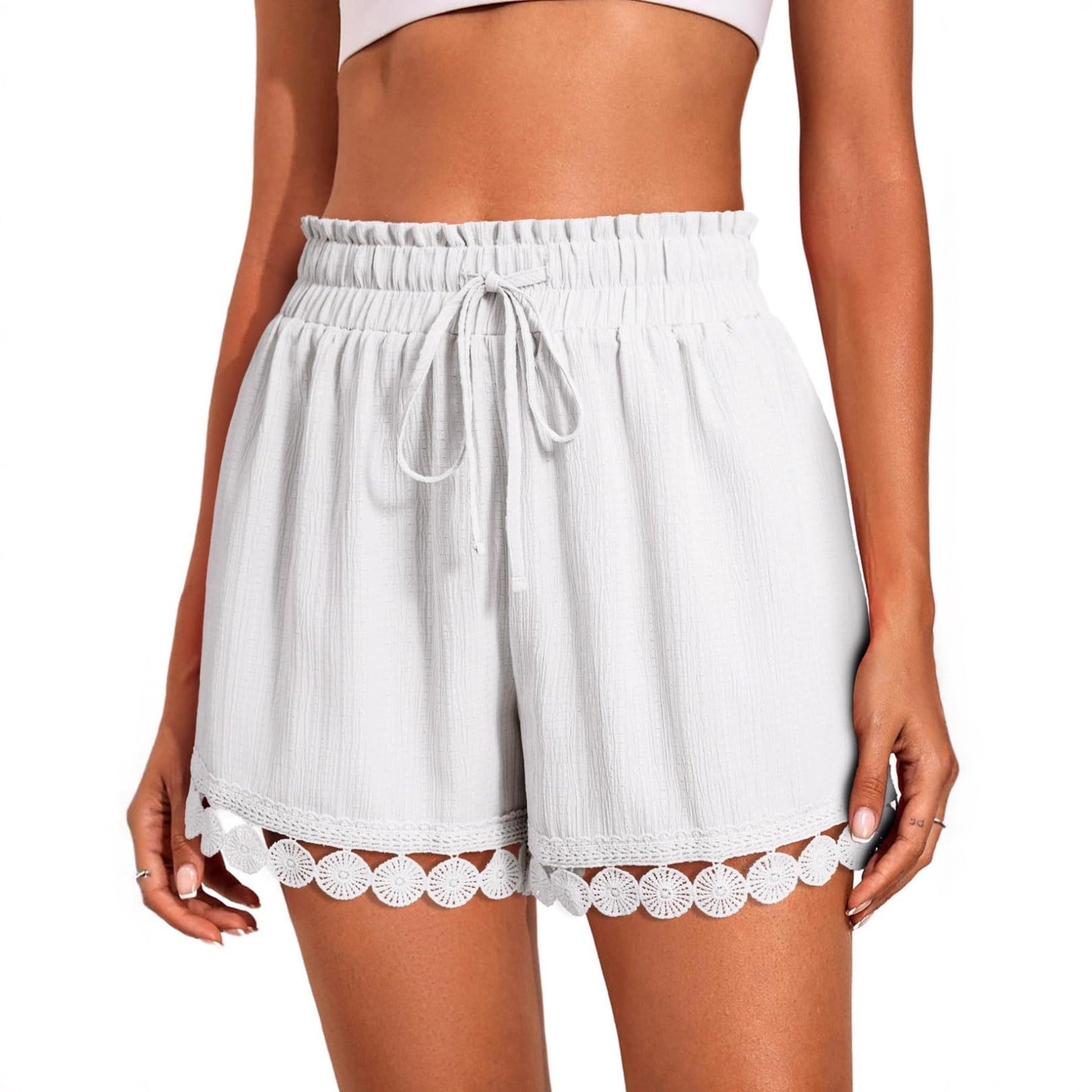 Women’s Lace Trim Drawstring Beach Shorts Casual Loose Fit