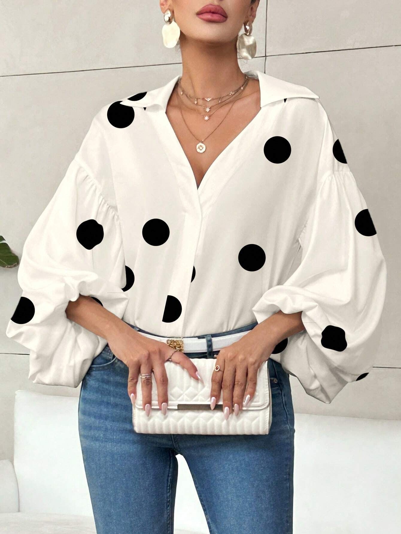 French Polka Dot Half-Open Collar Puff Sleeve Top