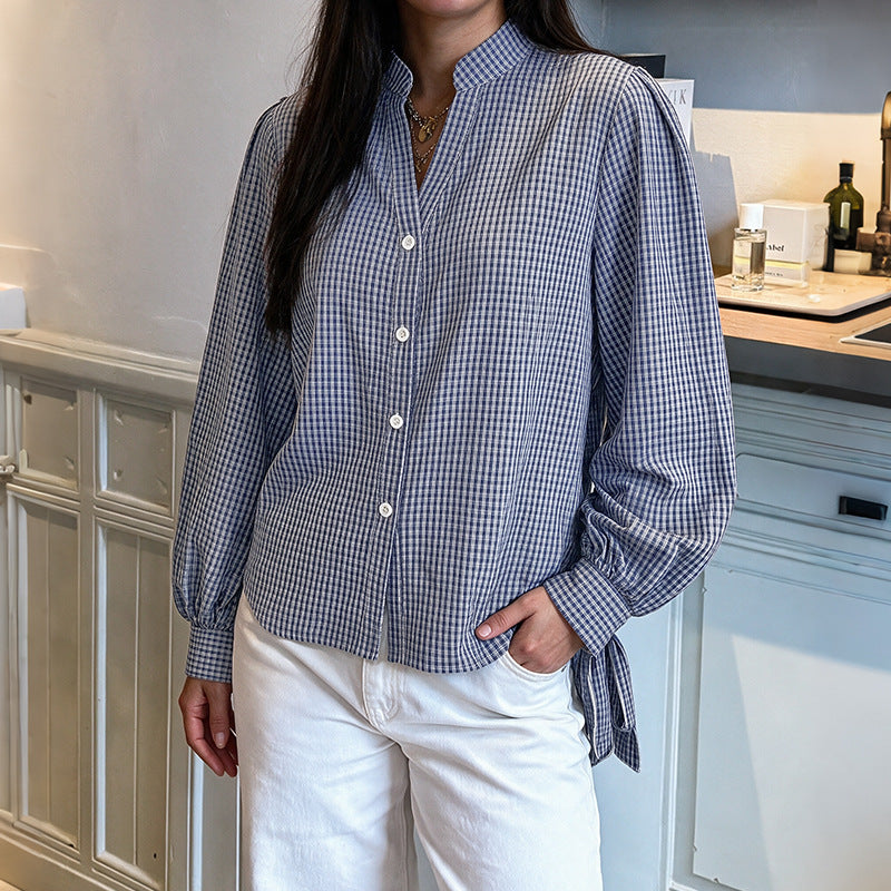Gingham V Neck Split Hem Relaxed Button Down Shirt
