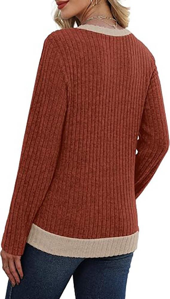 Color Block V-Neck Long Sleeve Ribbed Tunic with Buttons