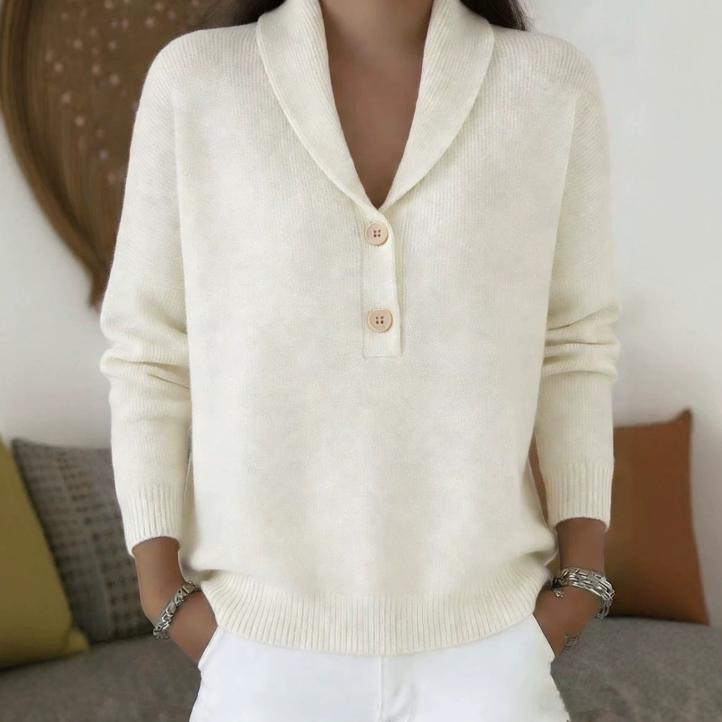 Solid Knit Polo Collar Sweater Button Front Relaxed Fit