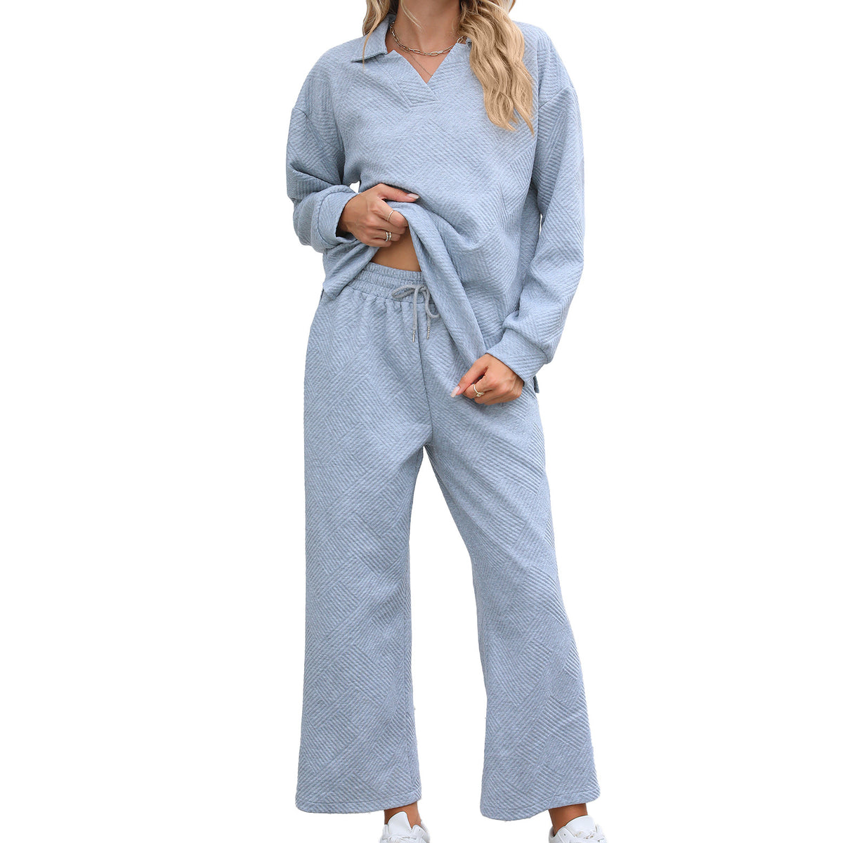 Women's Collared Sweatshirt & Wide Leg Pants Matching Set