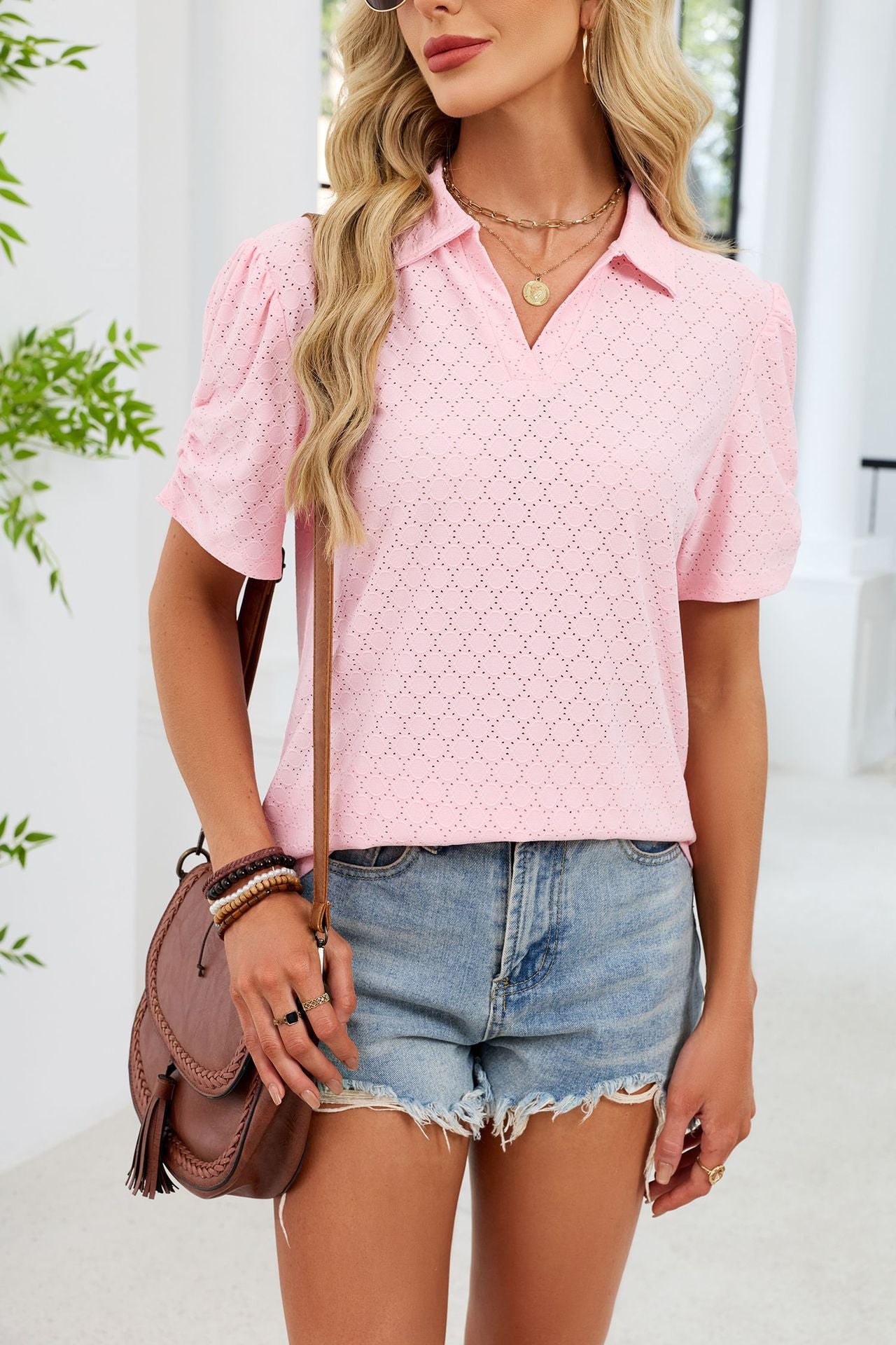 Womens V Neck Polo Knit Top Puff Sleeve Summer Casual Tee
