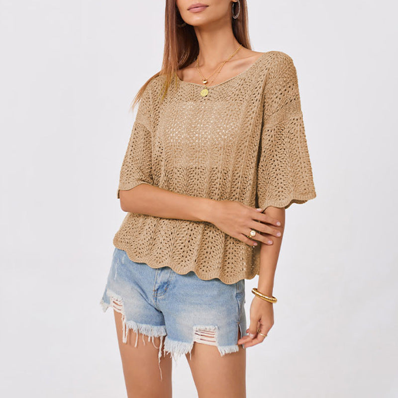 2026 Summer Women’s Loose Knit Hollow Round Neck Top