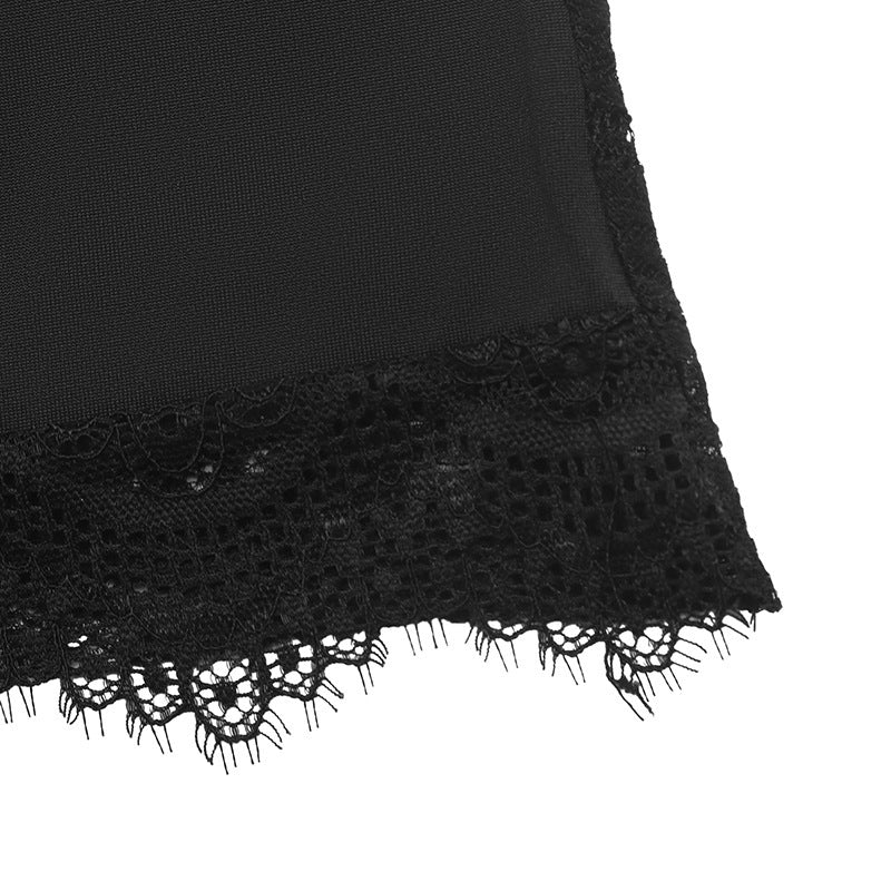 Black Square Neck Lace Long Sleeve Crop Top