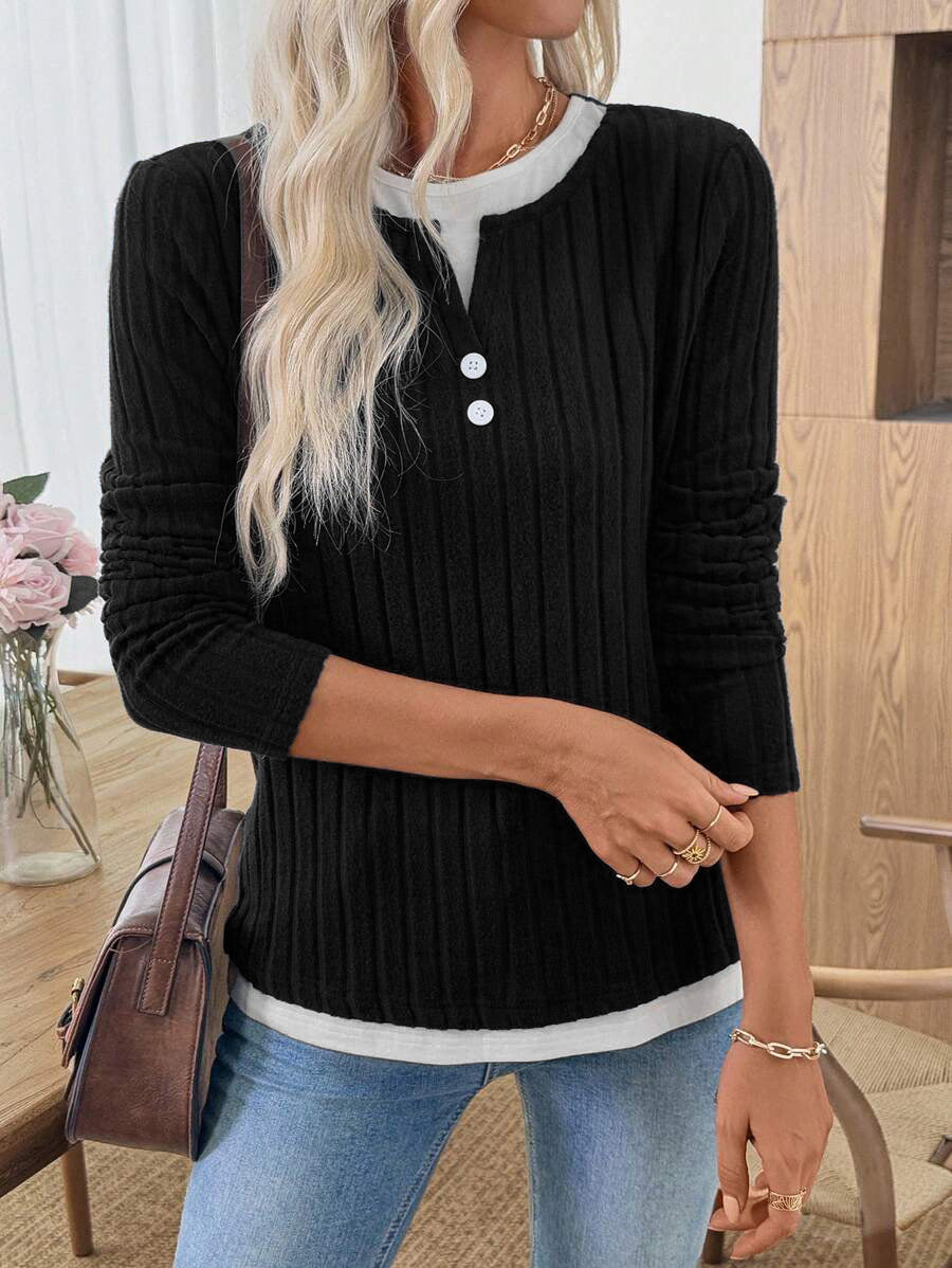 Solid Brushed Knit Top Casual Ribbed Henley Tee