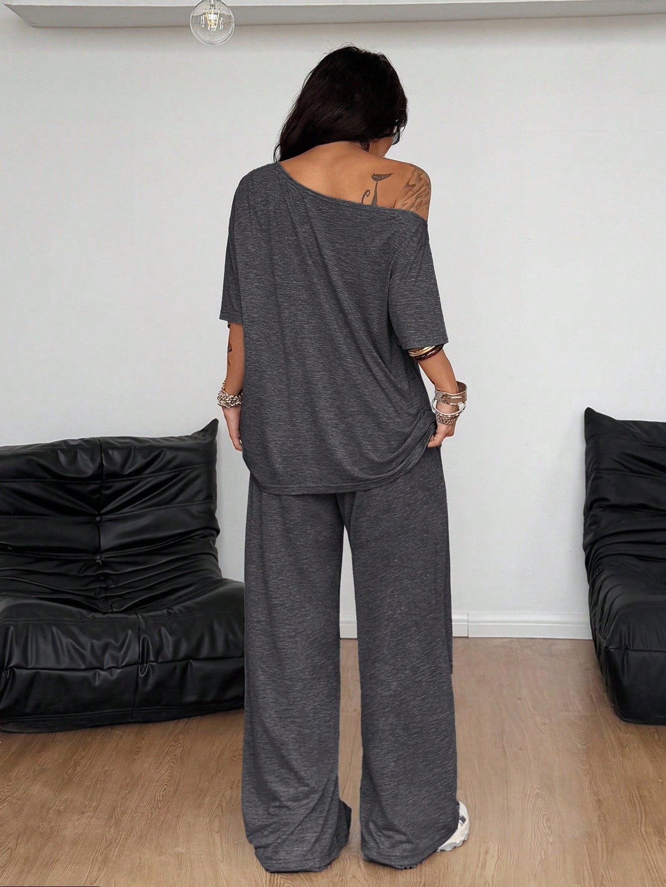 Off Shoulder Wide Leg Pants Set Casual Lounge Two Piece
