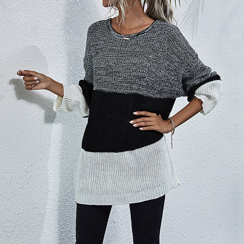 Color Block Round Neck Long Sleeve Knit Sweater
