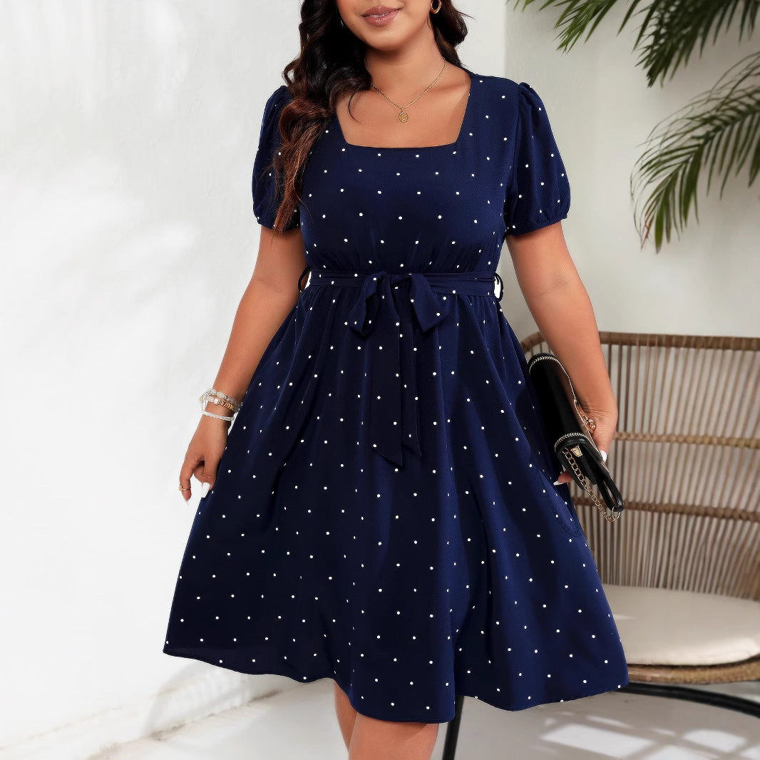 Plus Size Tie Waist Polka Dot Midi Dress