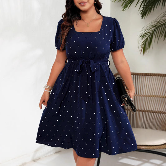 Plus Size Tie Waist Polka Dot Midi Dress