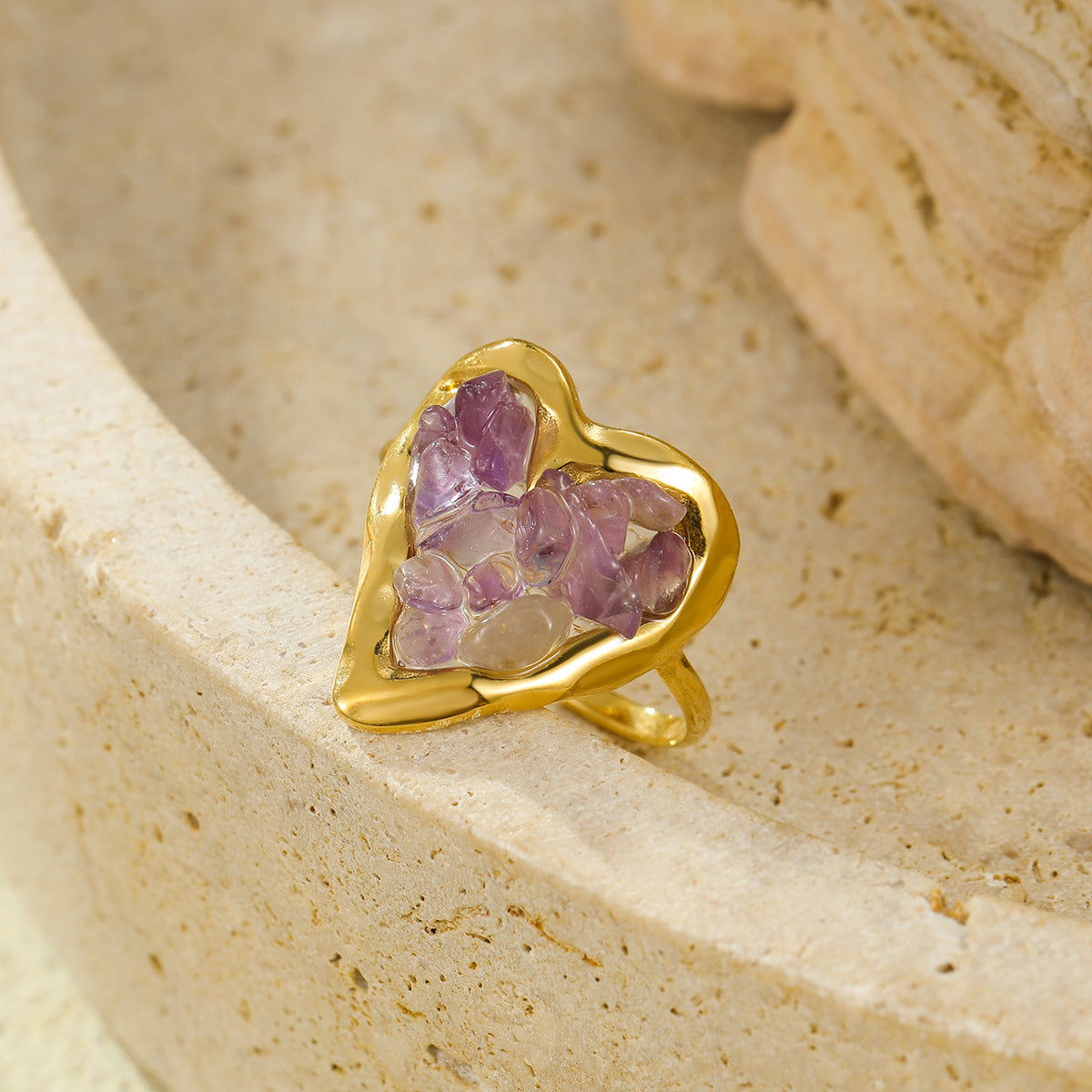 18K Gold Plated Natural Stone Heart Dainty Ring