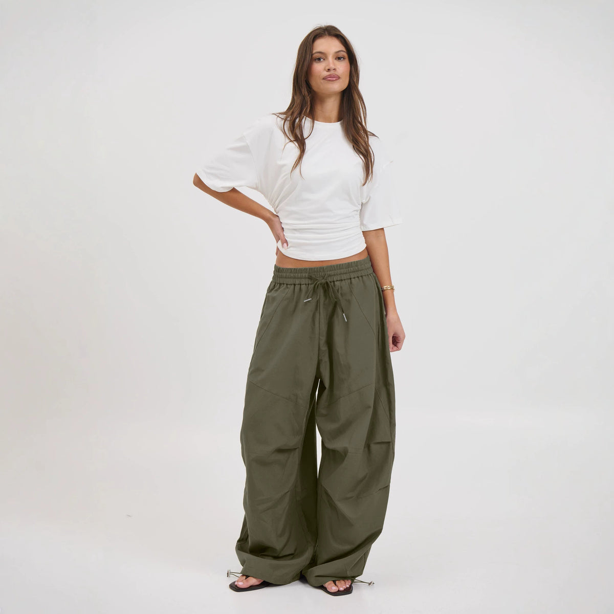 Womens Parachute Cargo Pants Wide Leg Drawstring