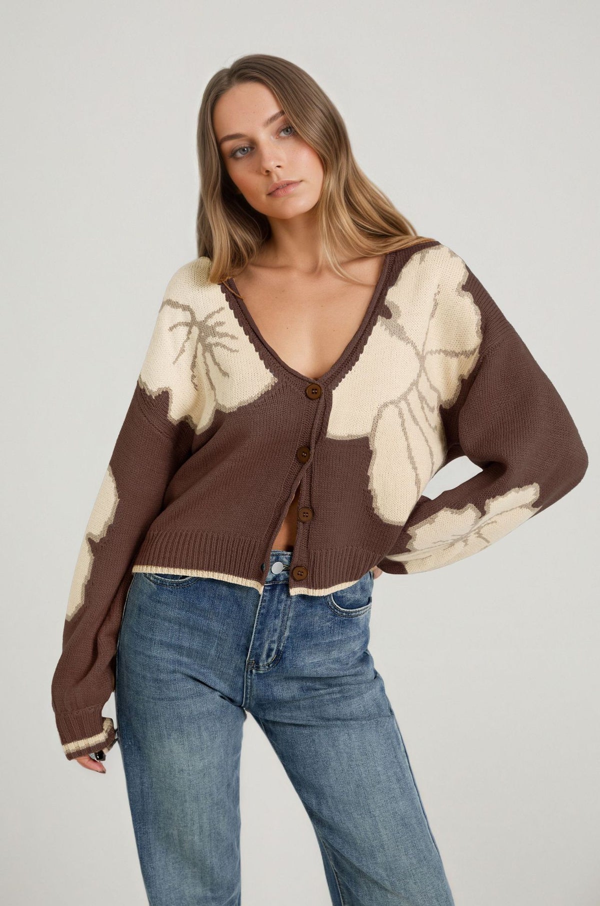 Women's Colorblock Floral Cardigan V-Neck Button Front