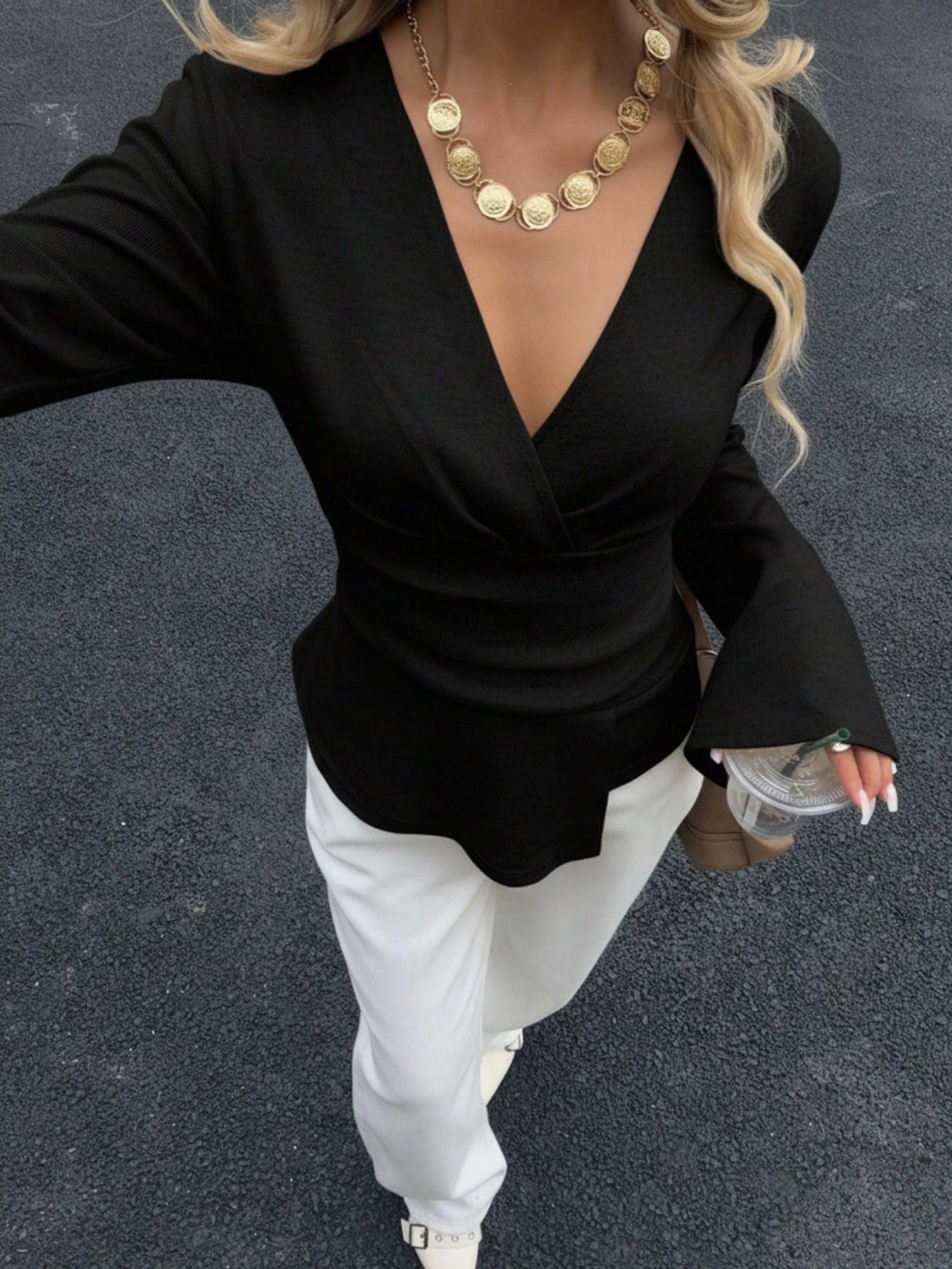 Solid Ribbed Top Elegant Wrap V Neck Asymmetrical Hem