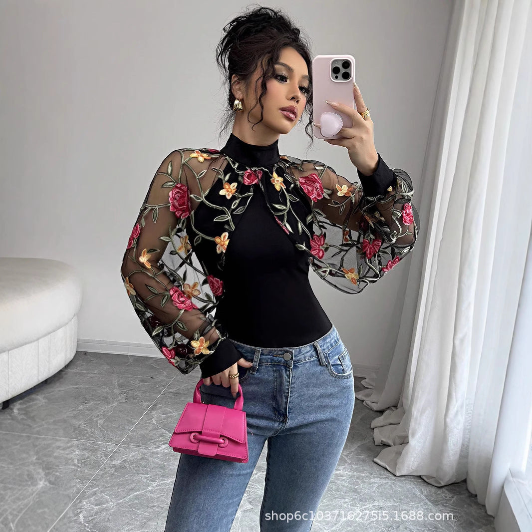 Floral Embroidered Sheer Sleeve Mesh Top