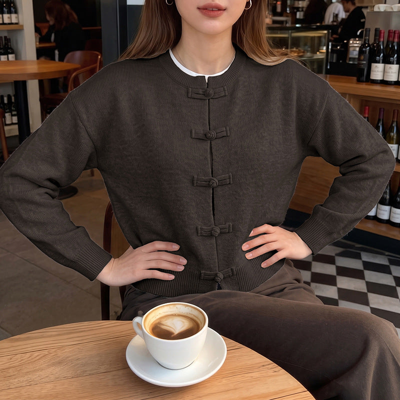Frog Button Crew Neck Knit Cardigan Sweater