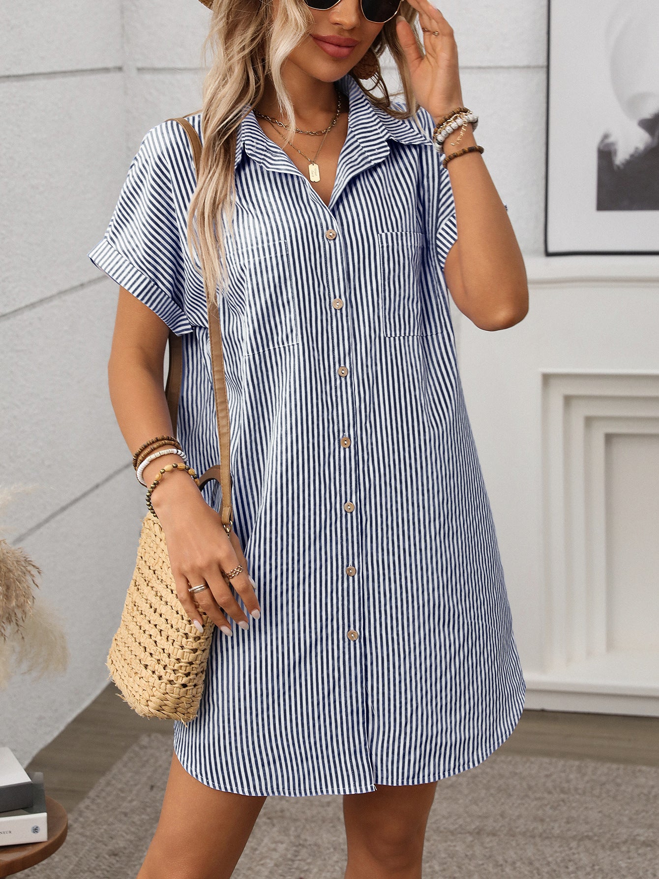 2025 Summer Short Sleeve Striped Cotton Linen Dress Mid-Length Shirt