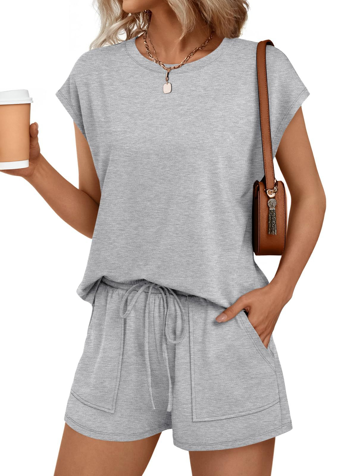Solid Knit Lounge Set Casual Drawstring Pocket