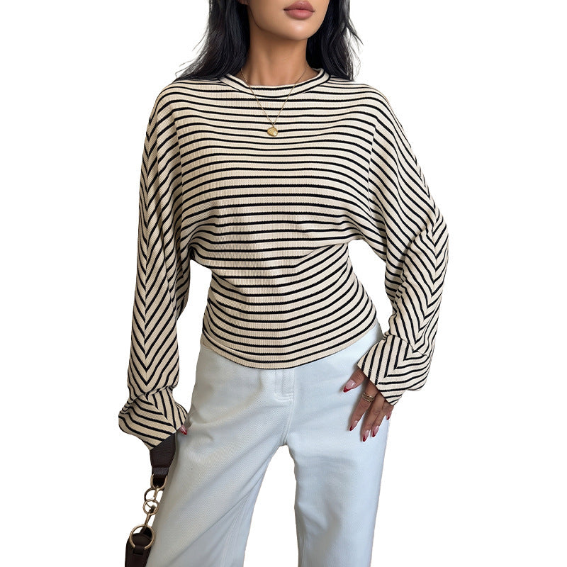 Striped Waffle Knit Dolman Sleeve Fitted Waist Top