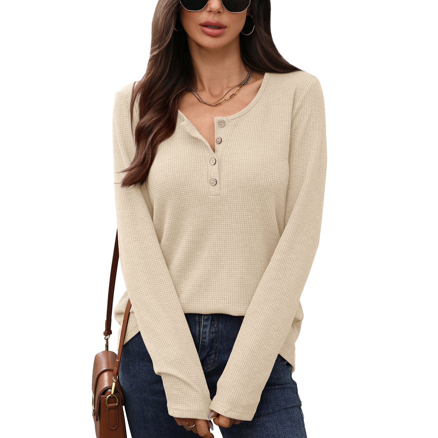 Pure Color Button Neck Hoodie Pullover | Casual Long Sleeve Top