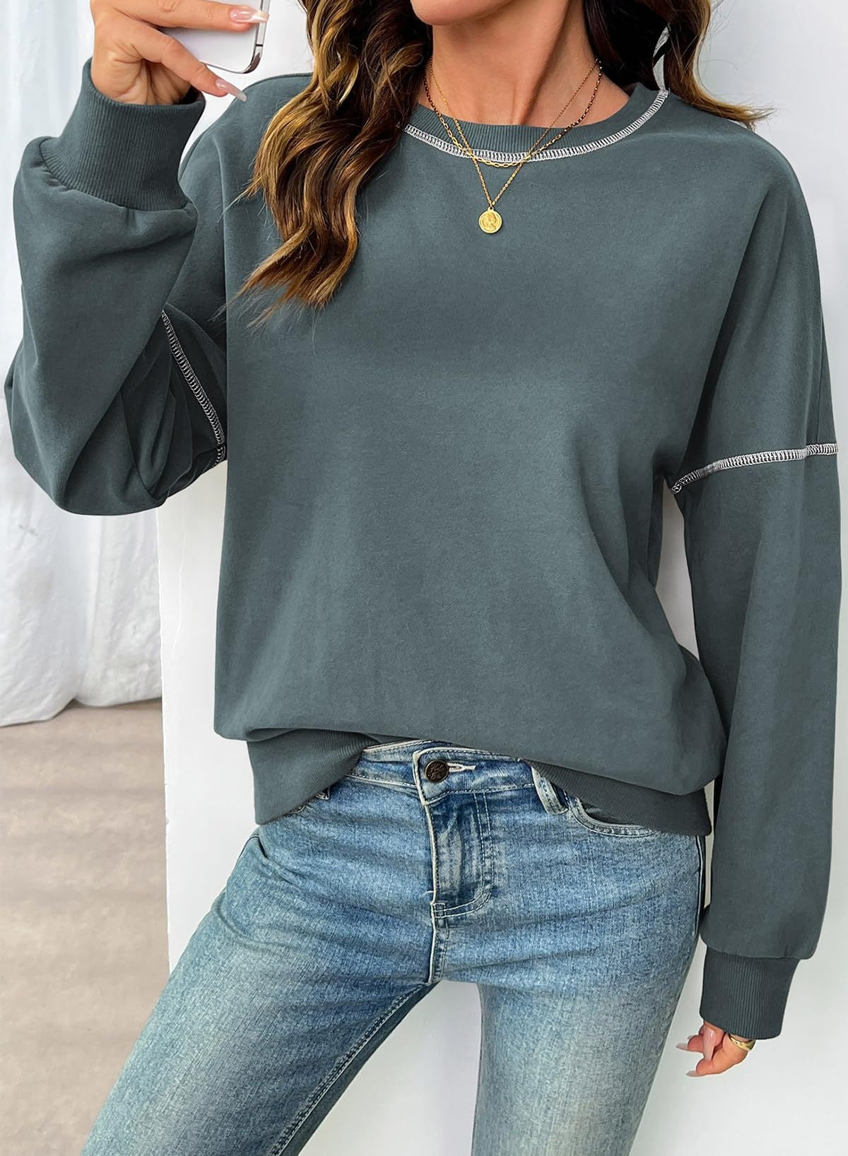 Contrast Stitch Crew Neck Casual Sweatshirt Pullover