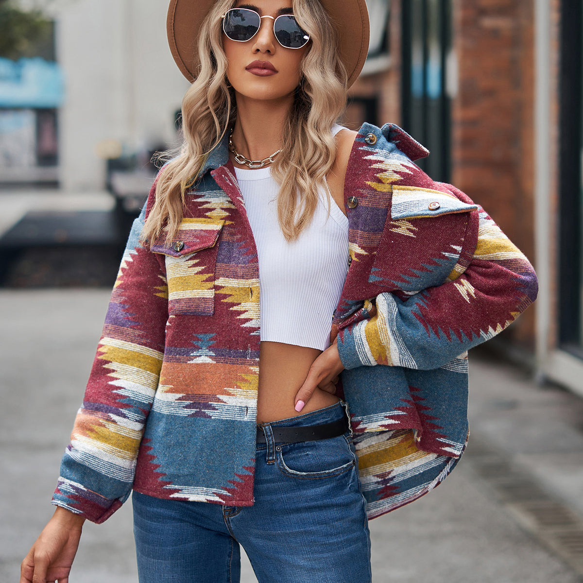 Women's Aztec Cropped Shacket Oversized