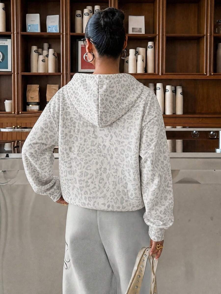 Women's Leopard Print Zip Up Fleece Hoodie Jacket