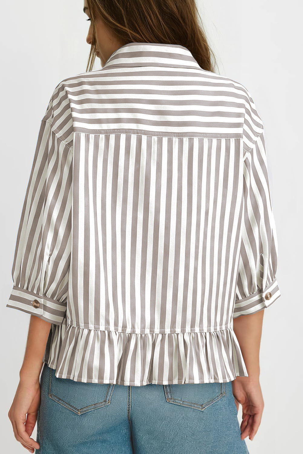 Womens Striped Button Down Ruffle Hem Blouse 3/4 Sleeve