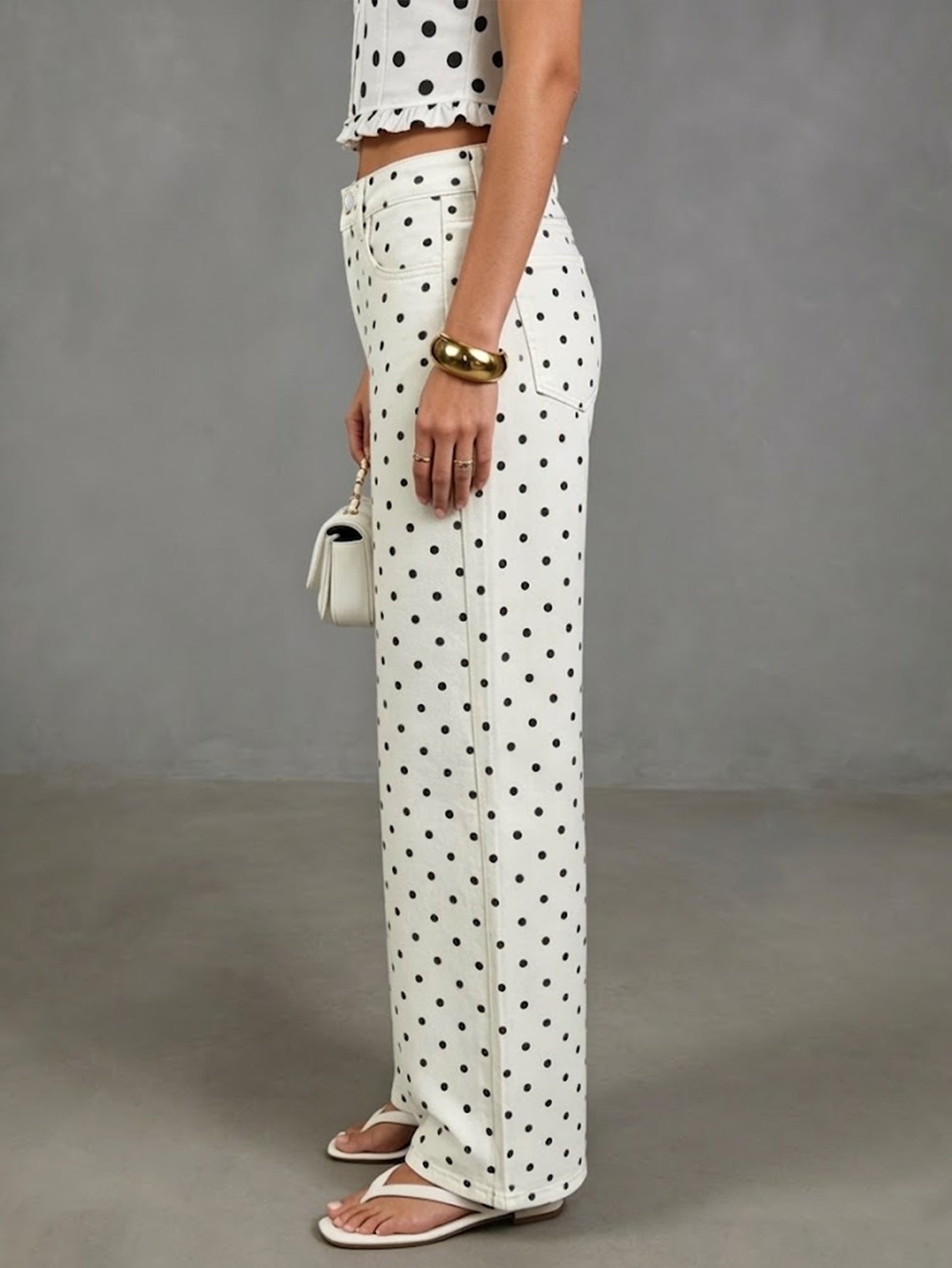 Polka Dot Denim Jeans Vintage High Waist Wide Leg