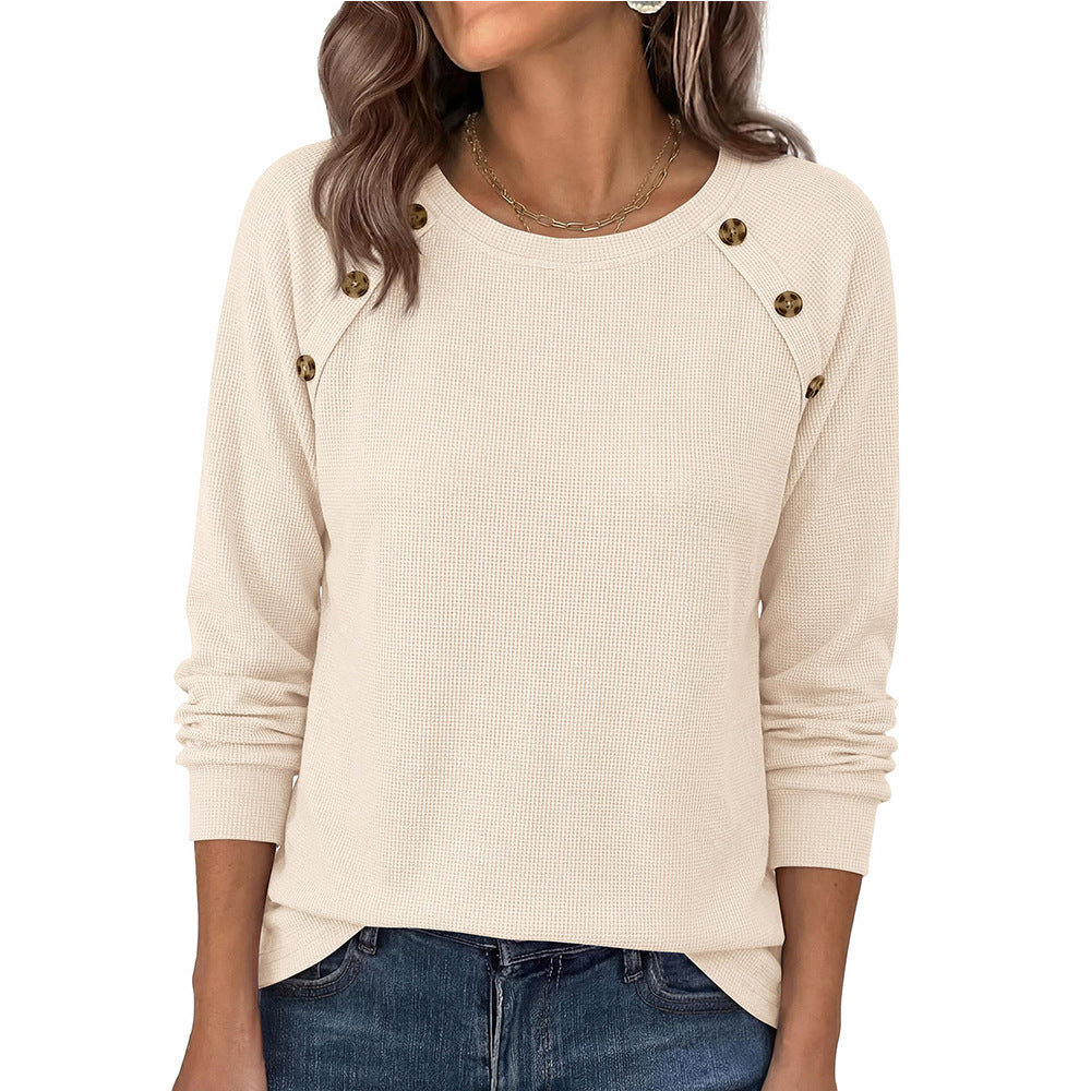 Waffle Knit Button Detail Top Long Sleeve Casual Pullover