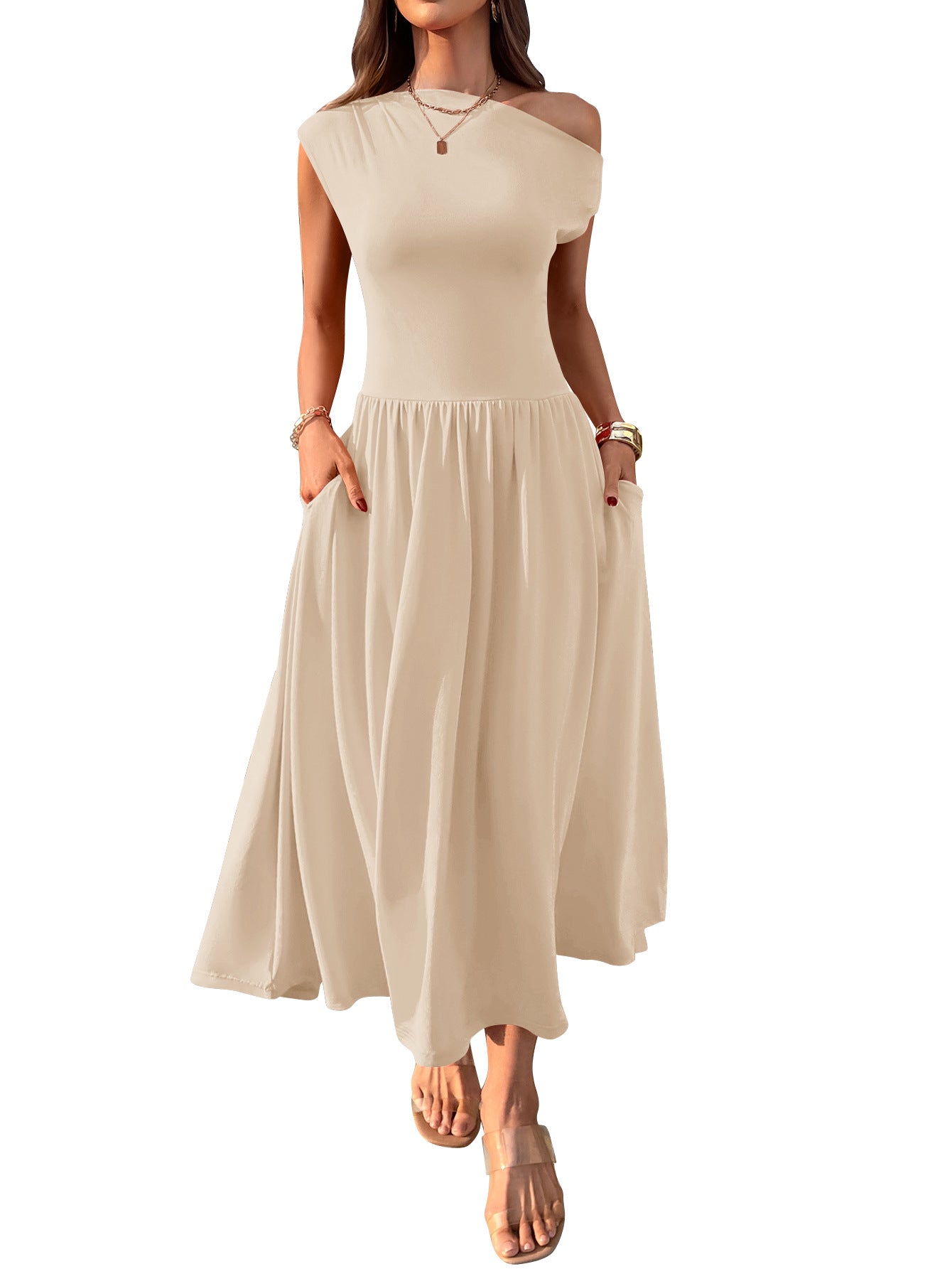 One Shoulder Maxi Dress with Pockets Pleated Skirt