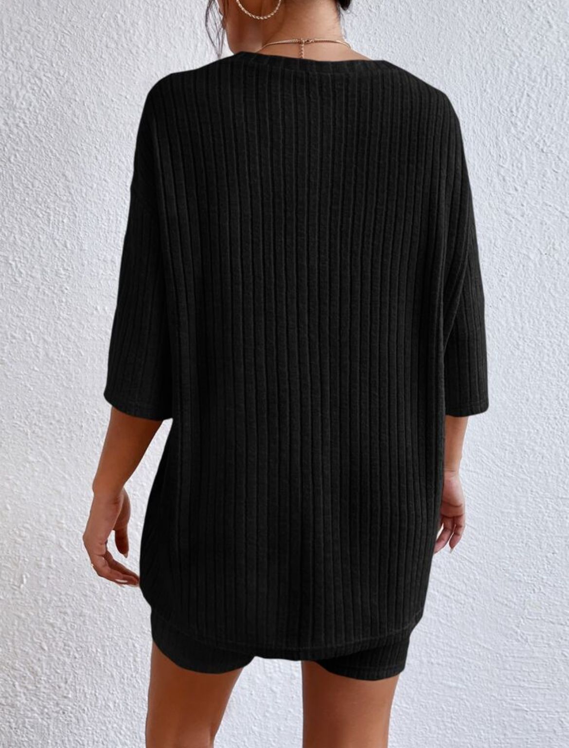 Ribbed Knit Two Piece Set Oversized Top & Biker Shorts