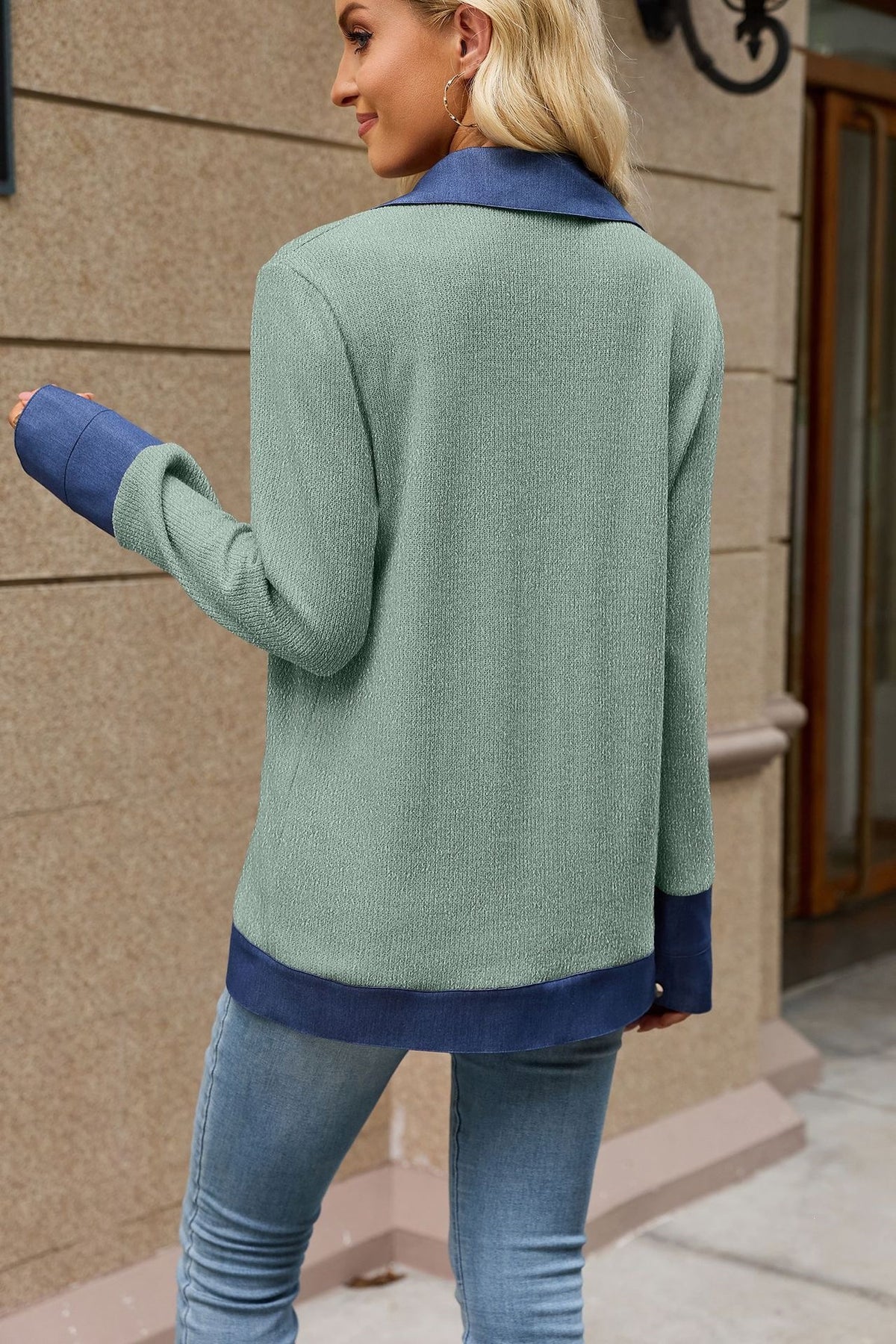 Women's Color Block Denim Trim Button Front Cardigan