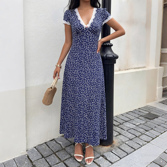 Floral Lace Maxi Dress Short Sleeve Cottagecore Midi