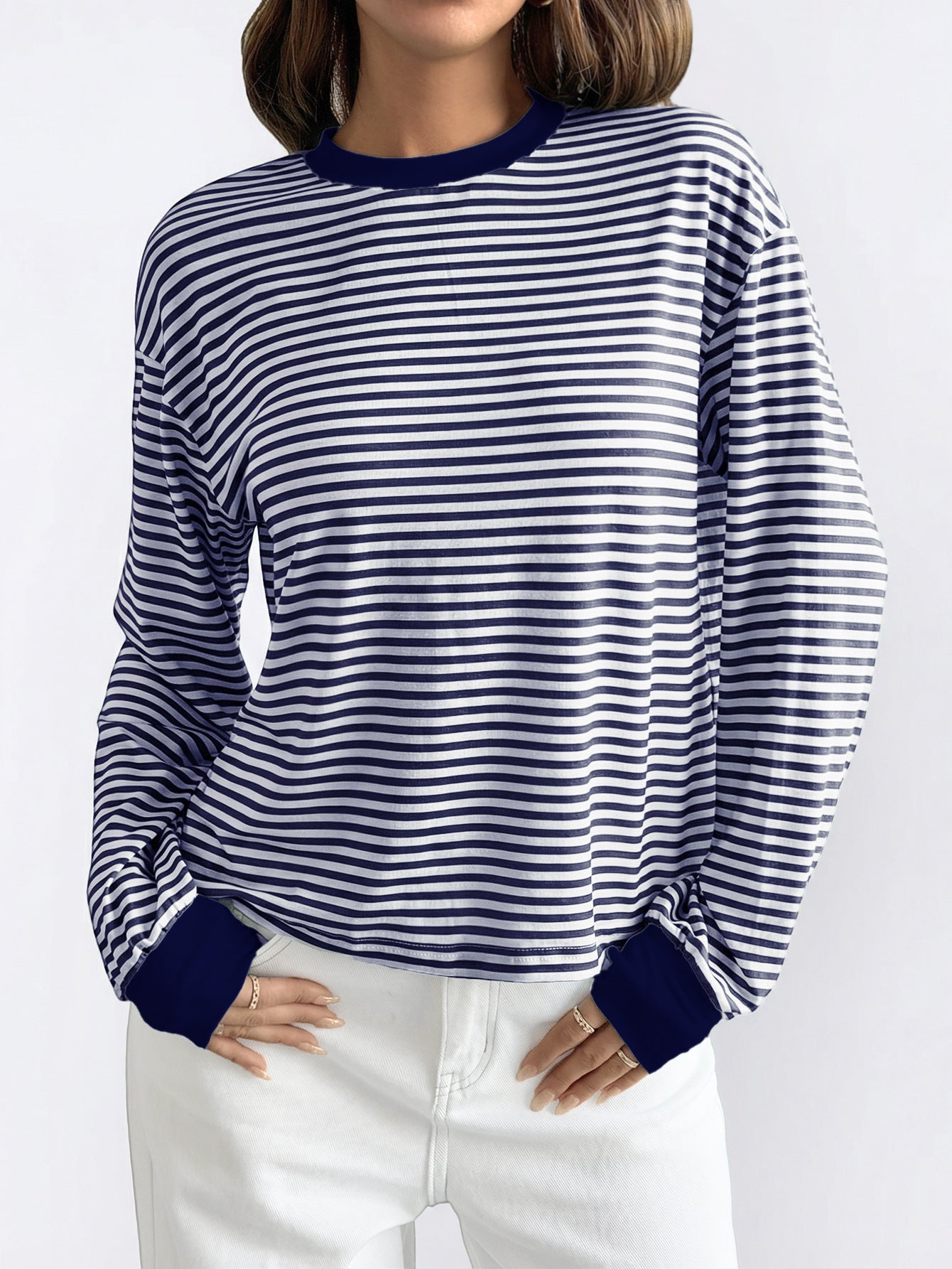 Striped Polyester Tee Casual Oversized Long Sleeve