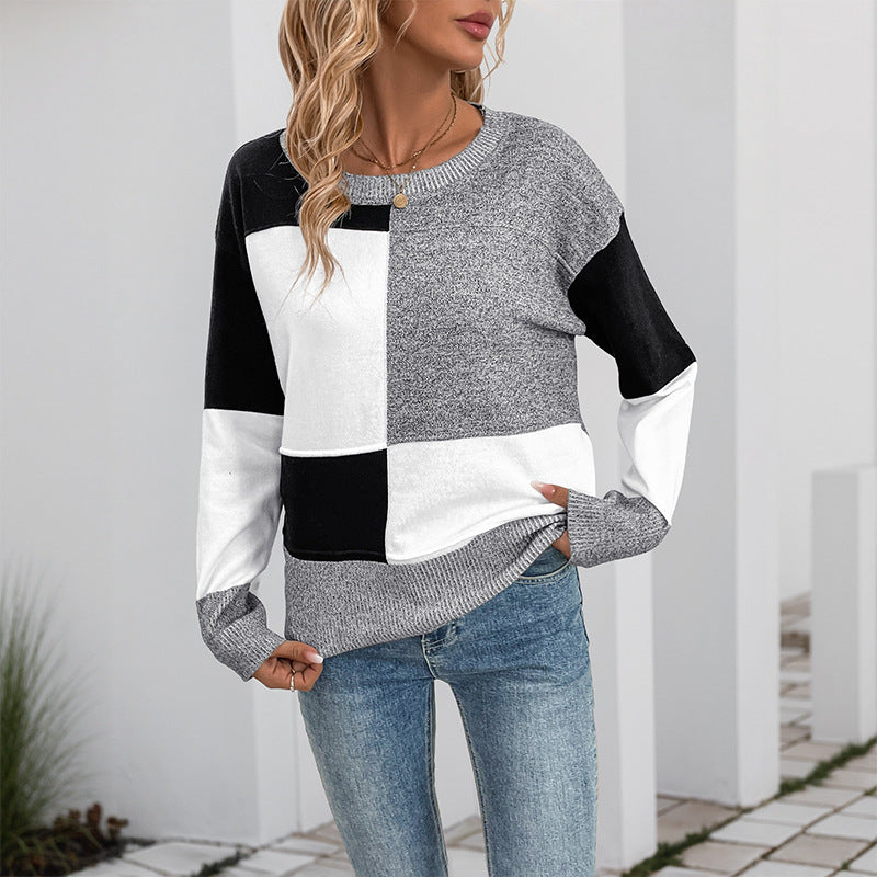 Color Block Patchwork Loose Fit Long Sleeve Knit Sweater