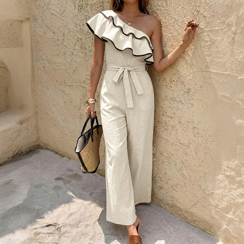 Women One Shoulder Ruffle Wide Leg Jumpsuit