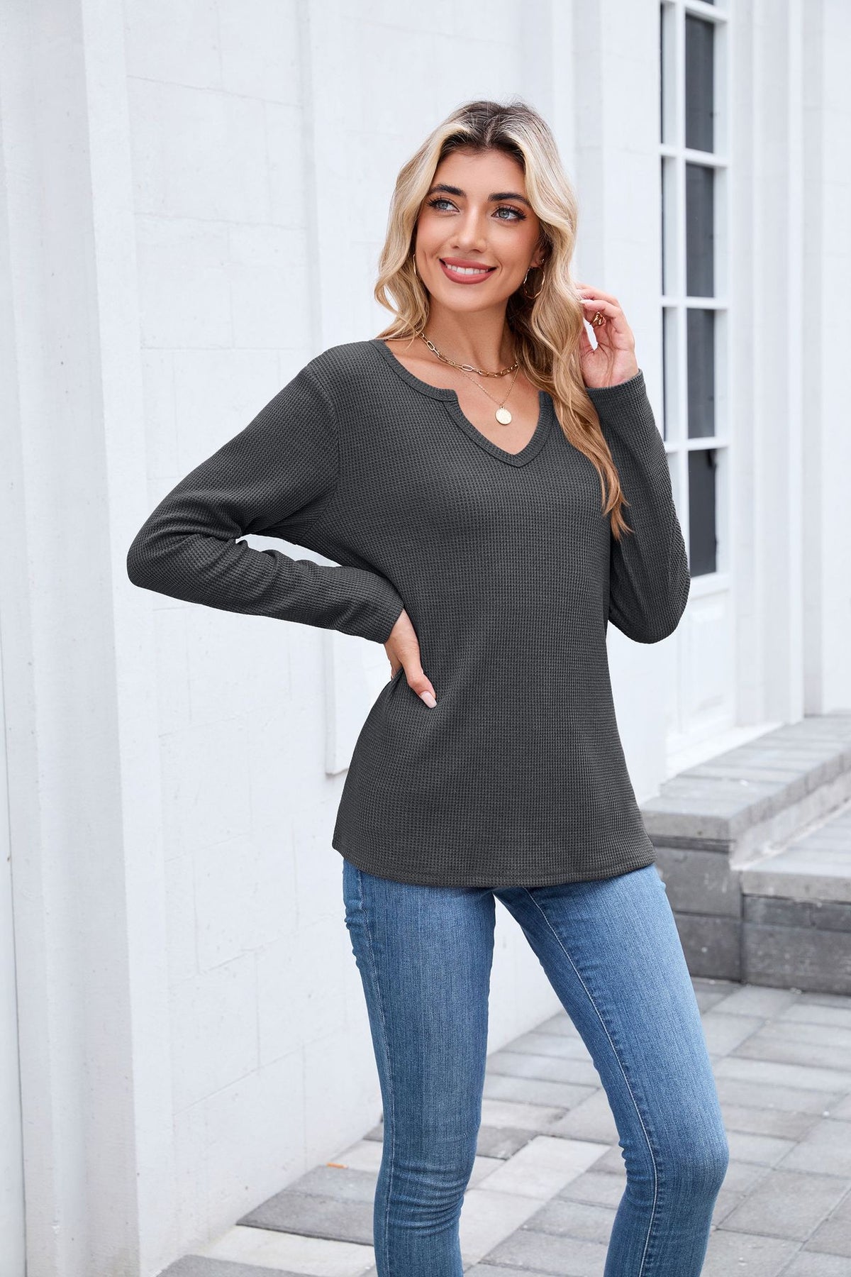 Women's Waffle Knit V Neck Long Sleeve Loose Top