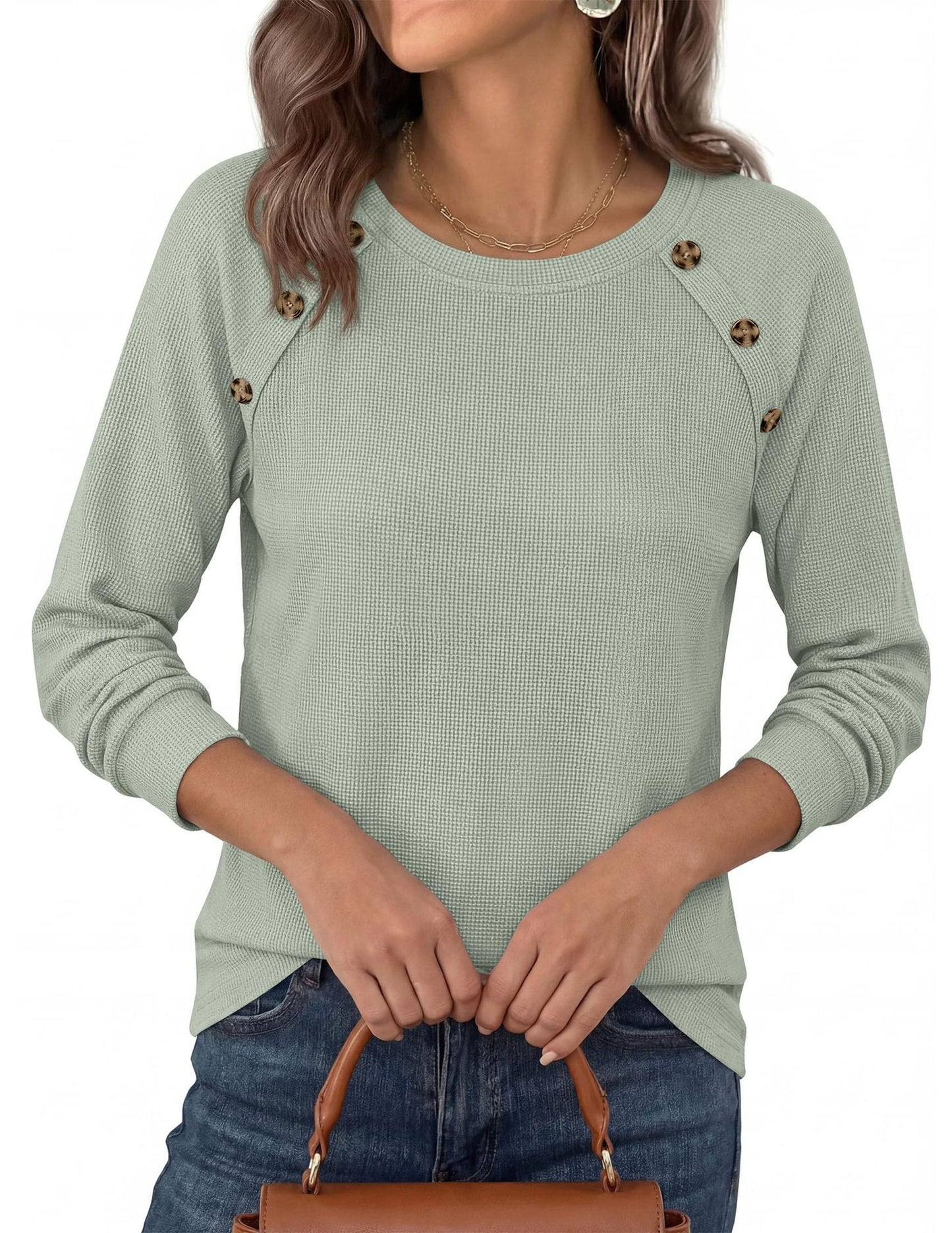 Waffle Knit Button Detail Top Long Sleeve Casual Pullover