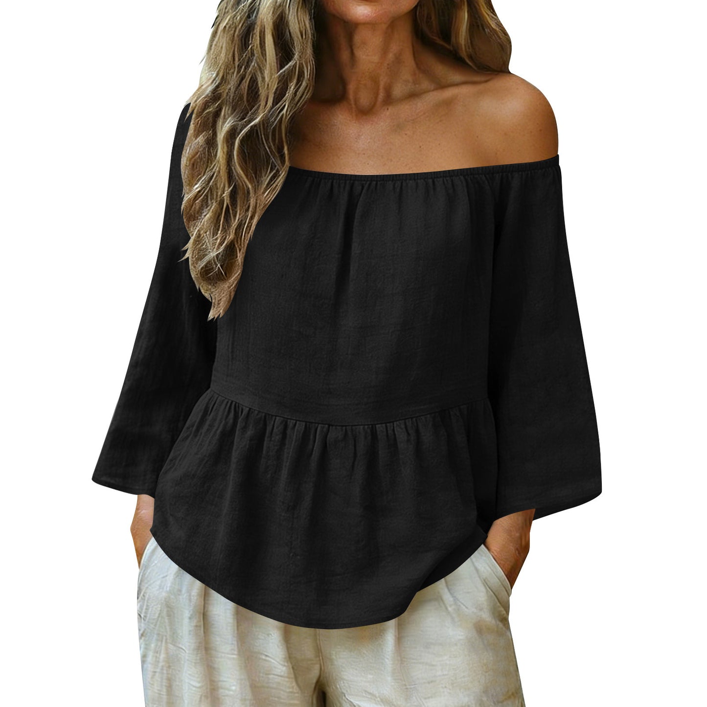 Solid Linen Blend Blouse Boho Peplum Long Sleeve Top