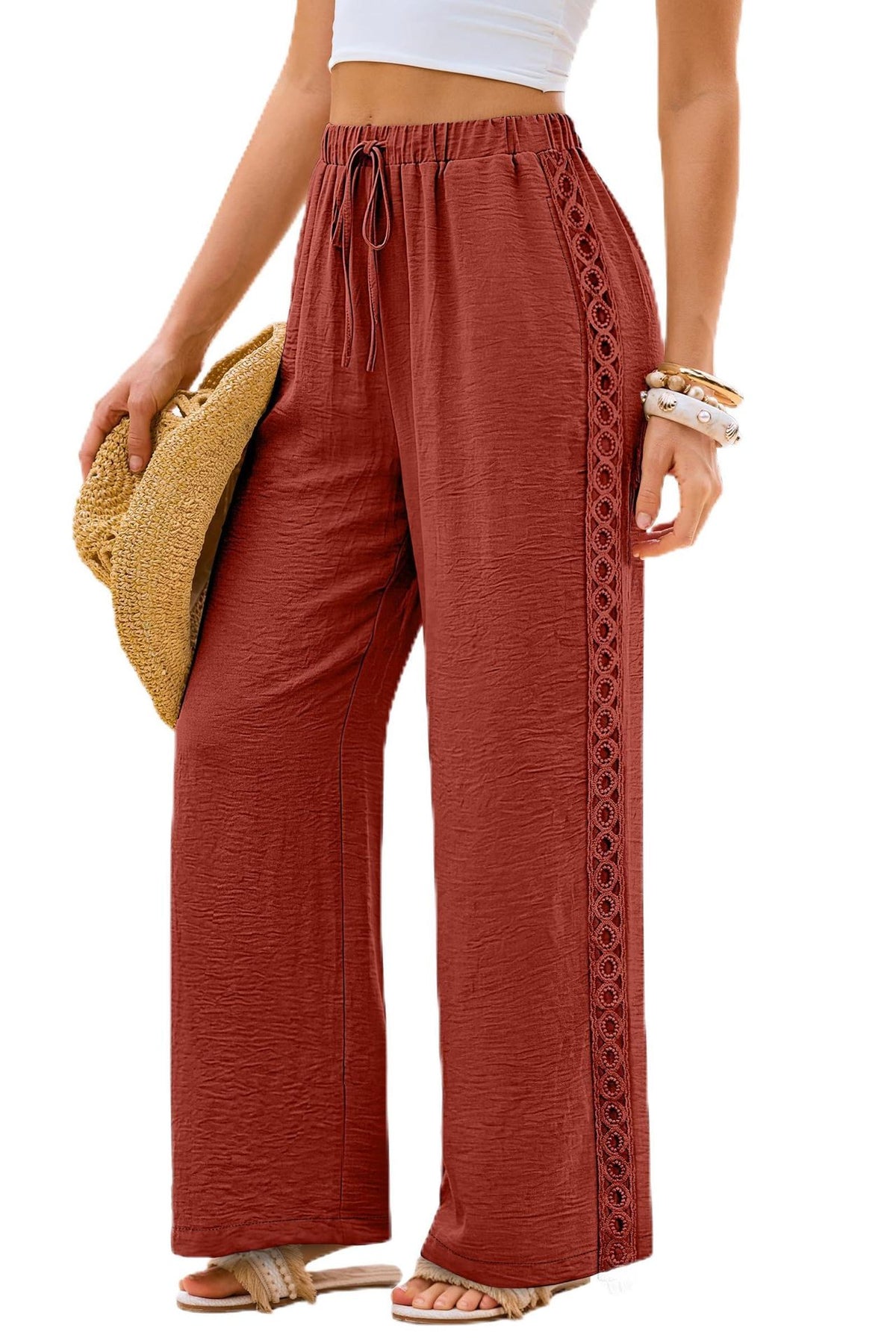 Women Lace Trim Drawstring Wide Leg Casual Pants
