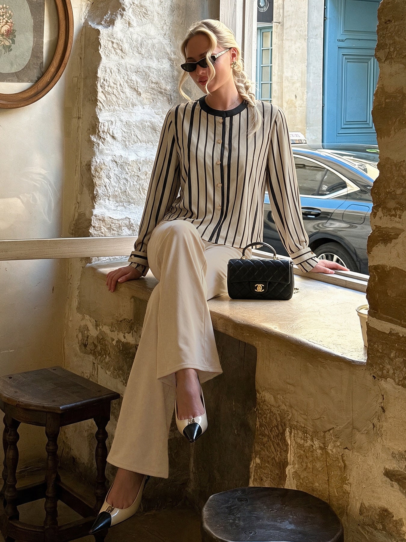 Striped Two Piece Set Button Shirt Wide Leg Pants