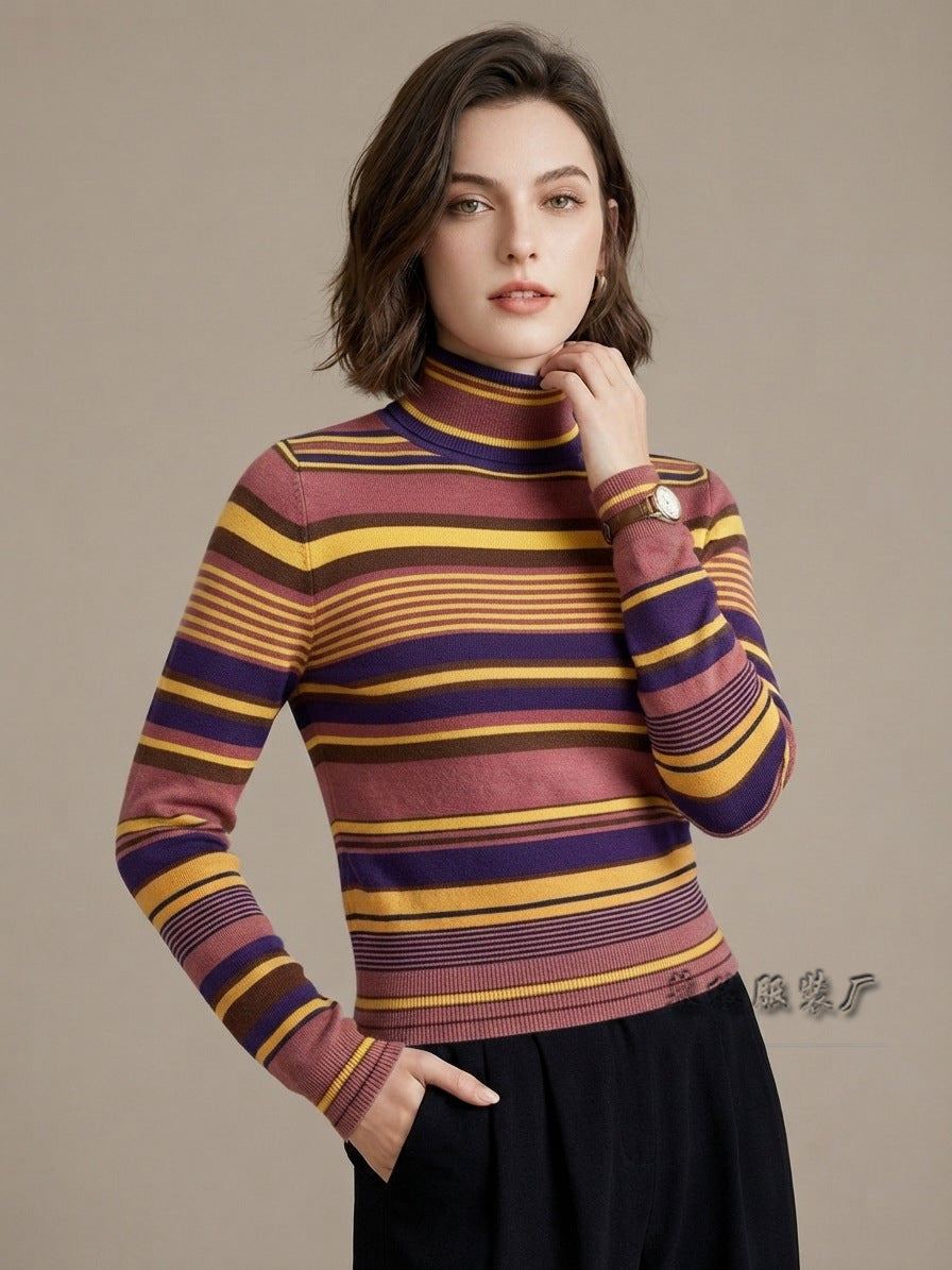 Women's Color Block Striped Turtleneck Knit Sweater