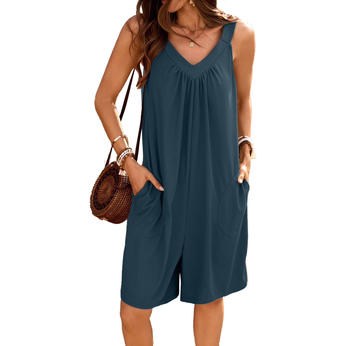 Loose Fit V-Neck Sleeveless Romper with Pockets
