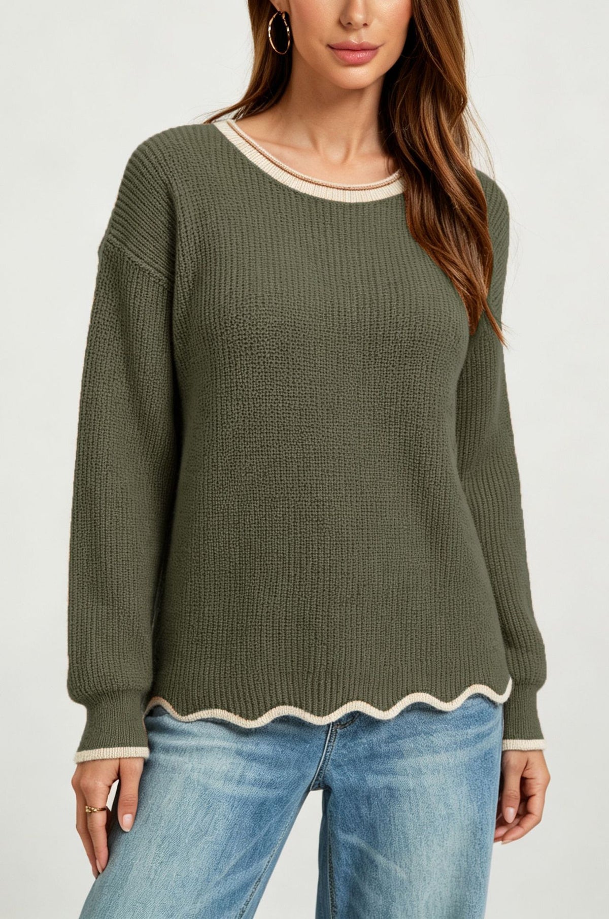 Women's Scalloped Hem Contrast Trim Pullover Sweater
